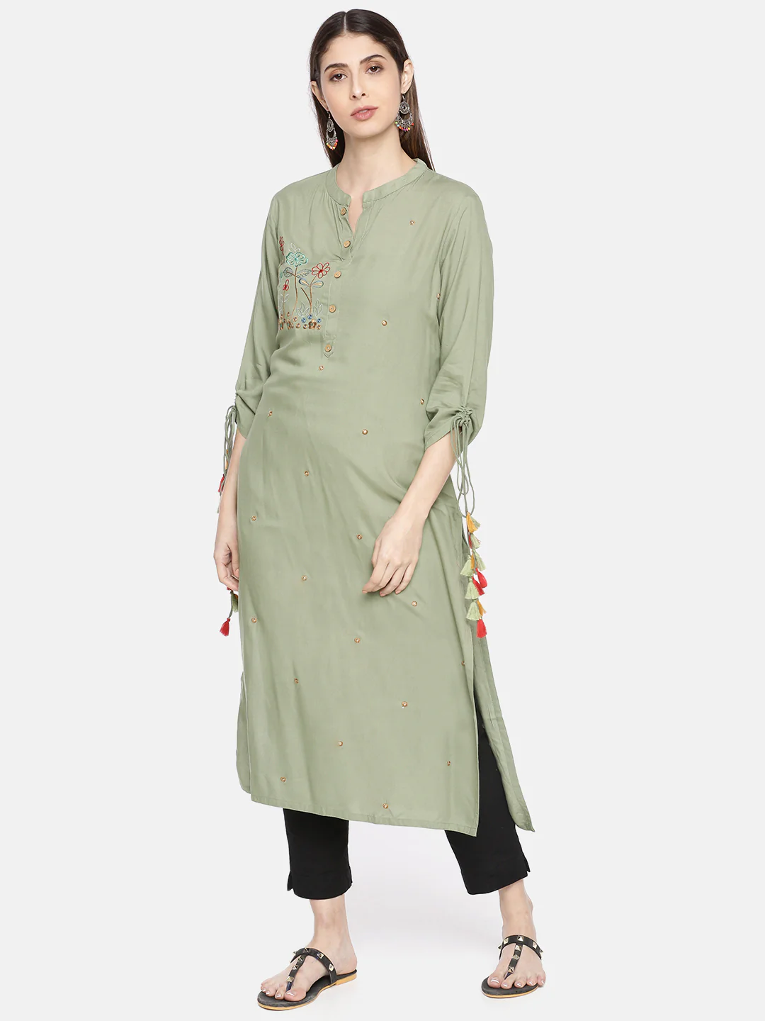 Neerus Green Embroidered Straight Kurta