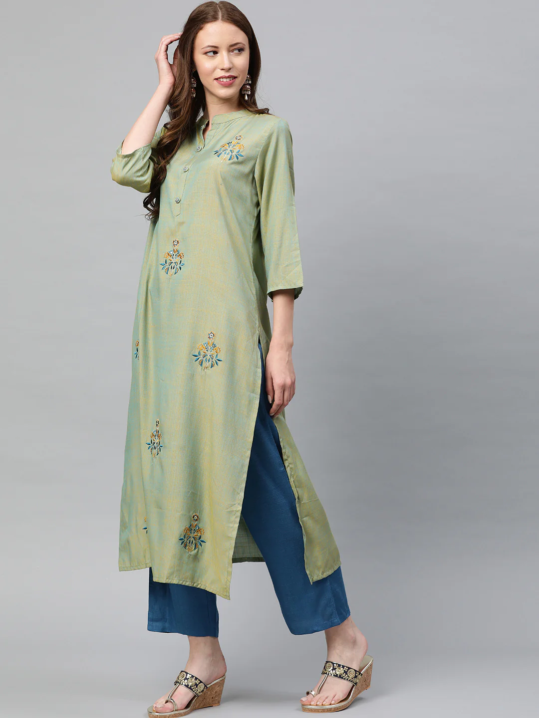 Neerus Green Embroidered Straight Kurta - Image 3