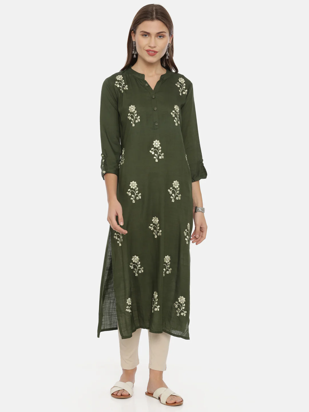 Neerus Green Embroidered Straight Kurta