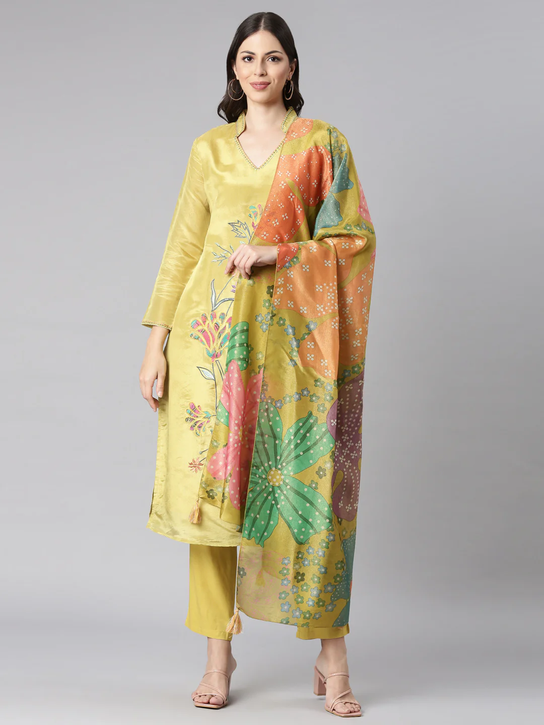 Neerus Green Embroidered Straight Kurta and Trousers With Dupatta