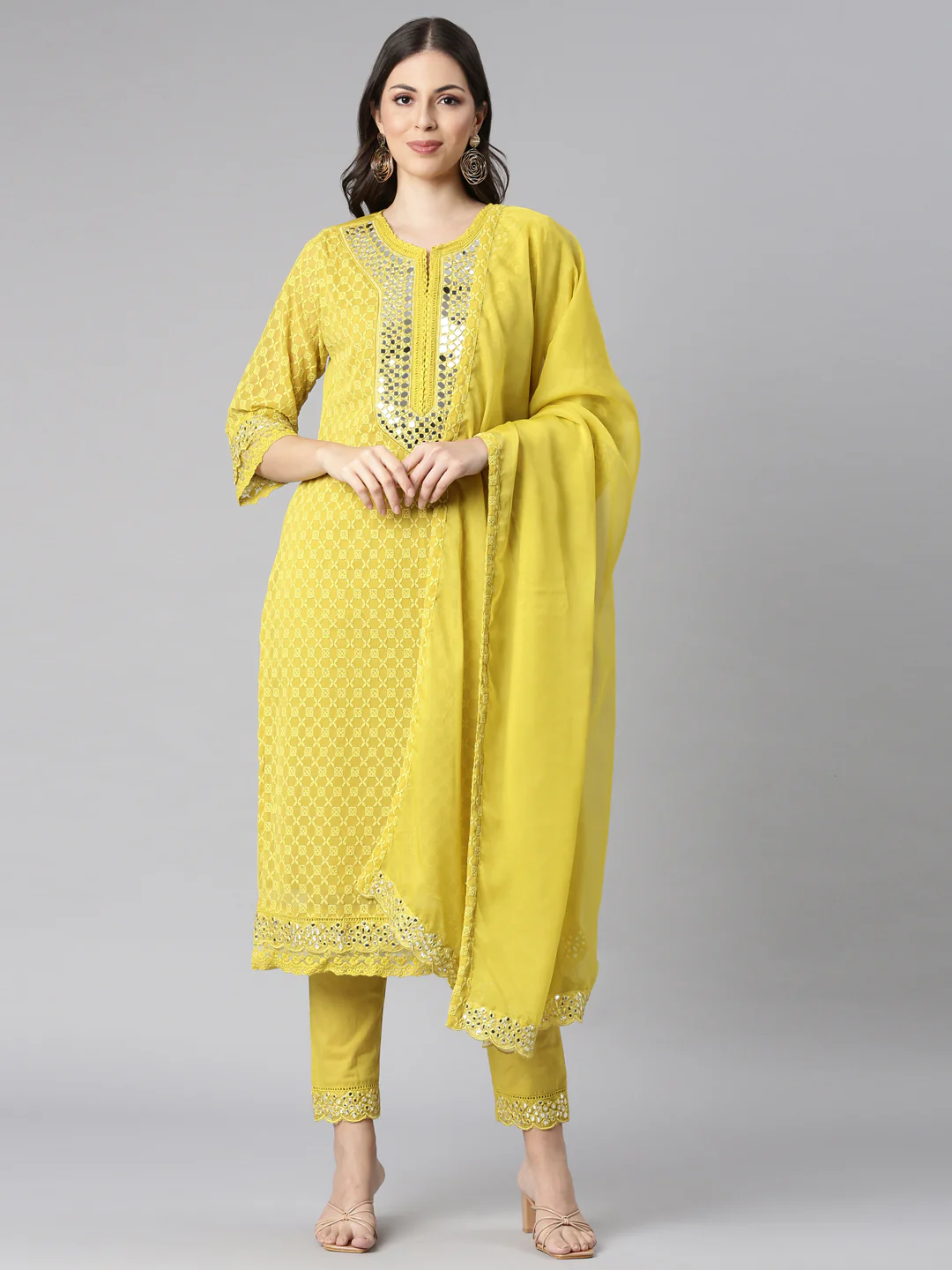 Neerus Green Embroidered Straight Kurta and Trousers With Dupatta