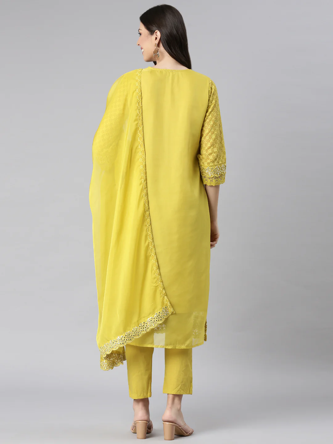 Neerus Green Embroidered Straight Kurta and Trousers With Dupatta - Image 3