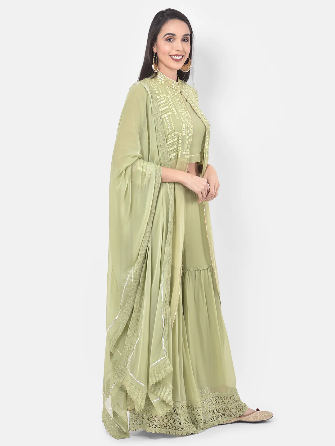 Neerus Green Embroidered Top Skirt Set With Jacket & Dupatta