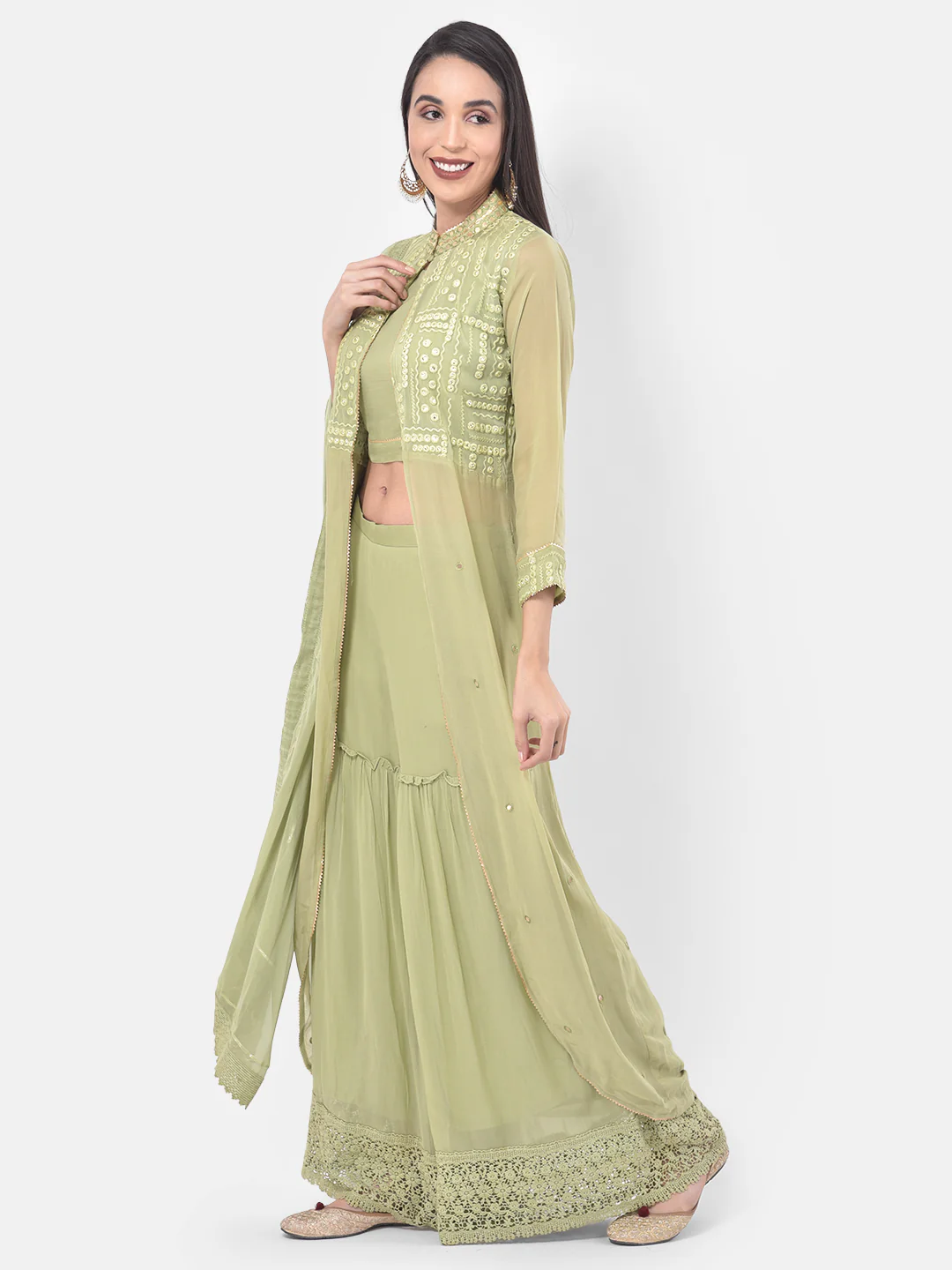 Neerus Green Embroidered Top Skirt Set With Jacket & Dupatta - Image 2