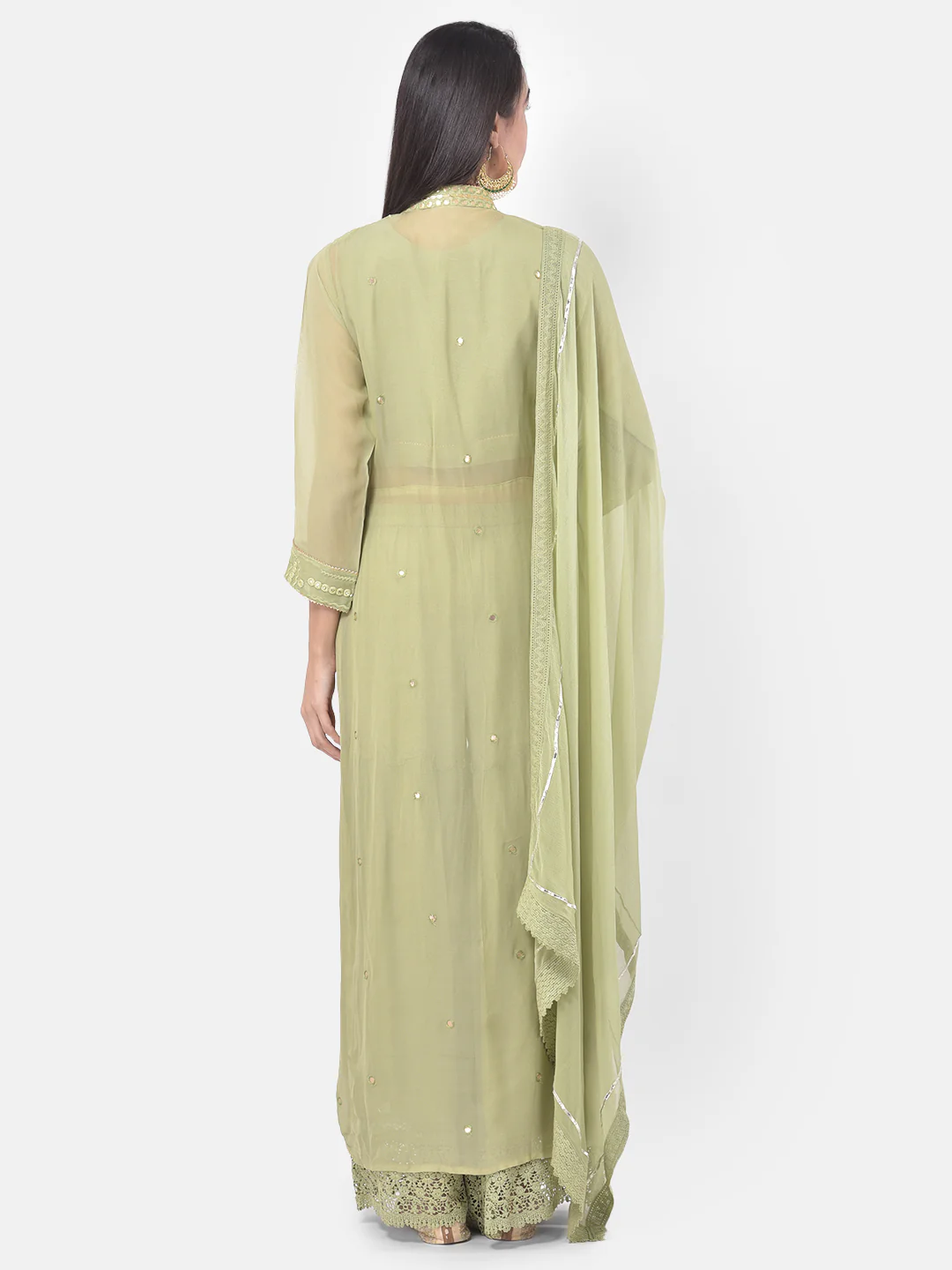 Neerus Green Embroidered Top Skirt Set With Jacket & Dupatta - Image 3