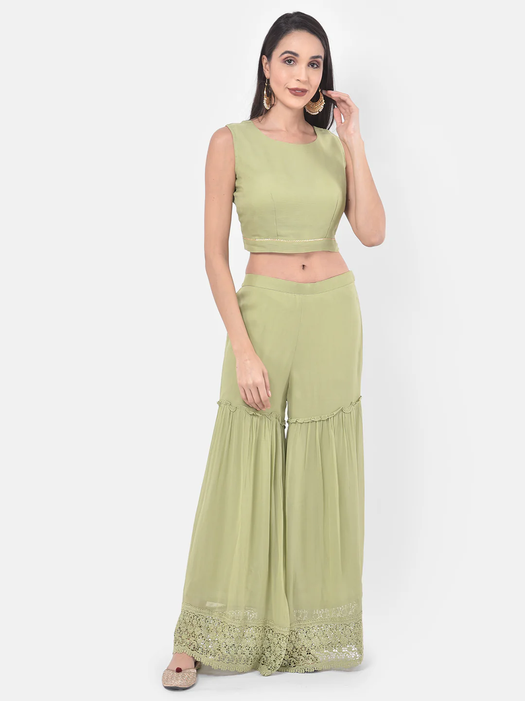Neerus Green Embroidered Top Skirt Set With Jacket & Dupatta - Image 7