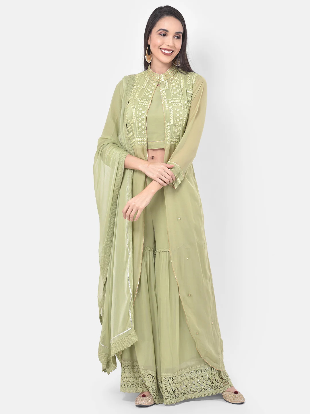 Neerus Green Embroidered Top Skirt Set With Jacket & Dupatta - Image 8
