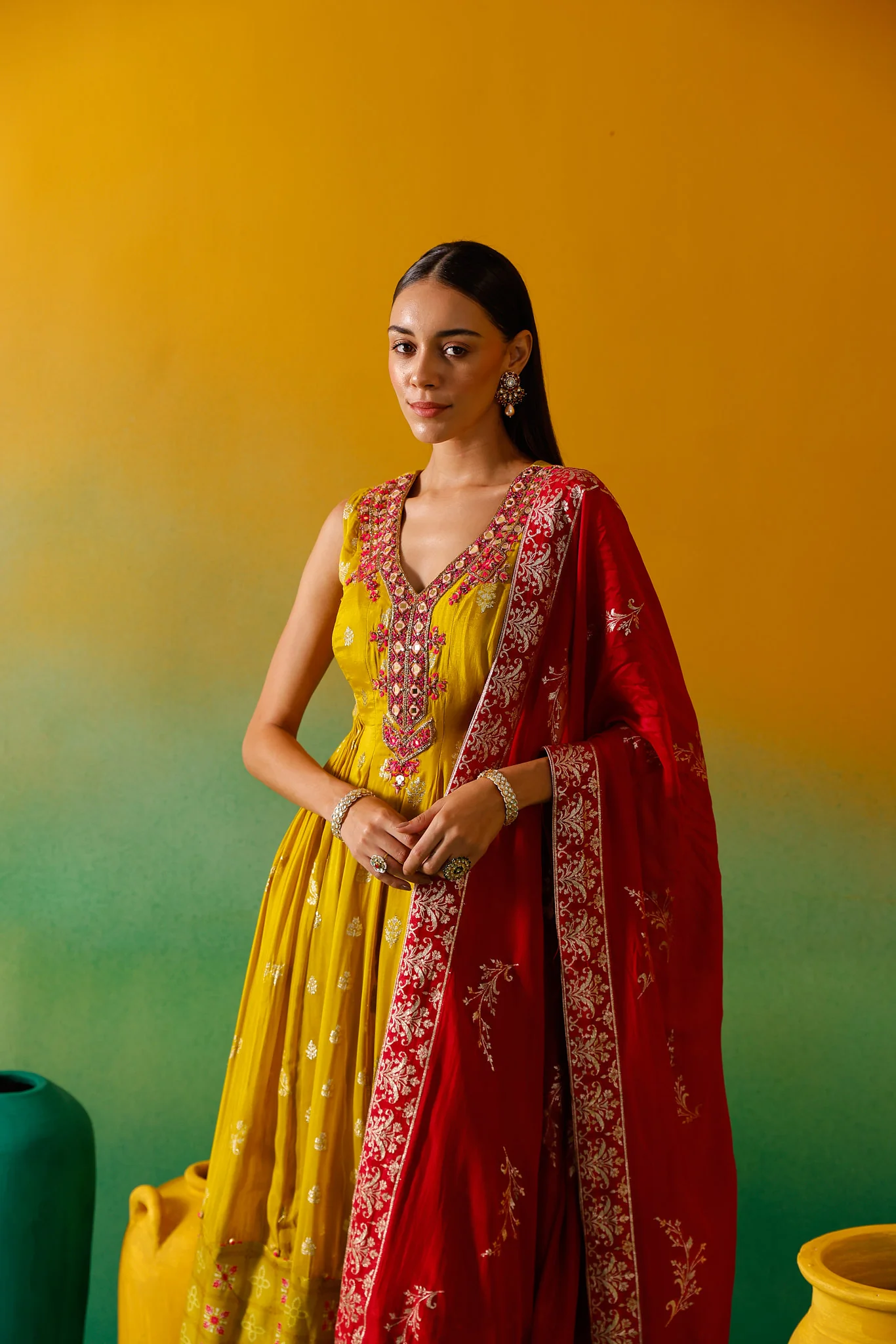 Neerus Green Embroidery Organza Fabric Anarkali Plazzo and Dupatta. - Image 9