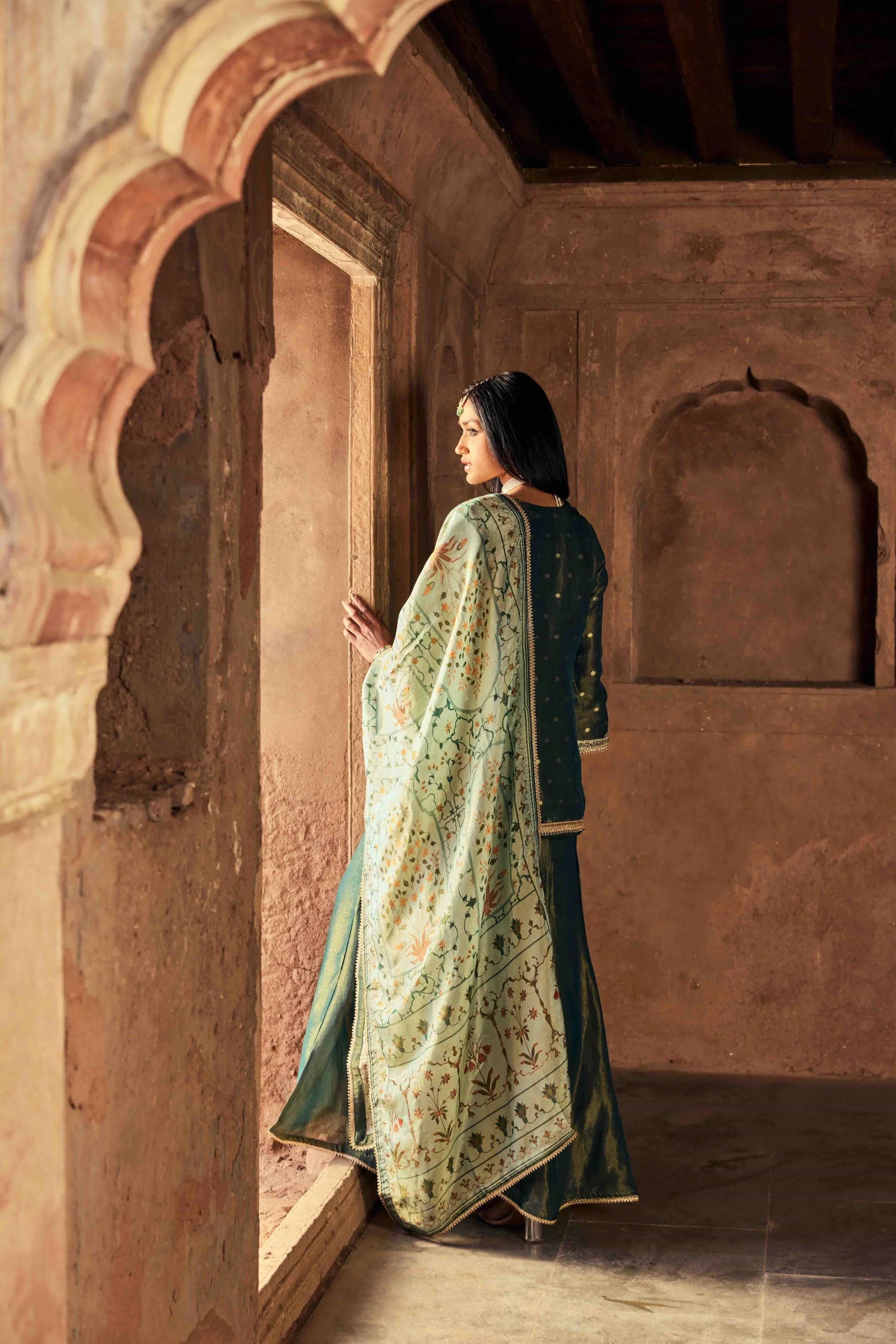 Neerus Green Embroidery Tissue Fabric Kurti and Palazzo with Dupatta - Image 2