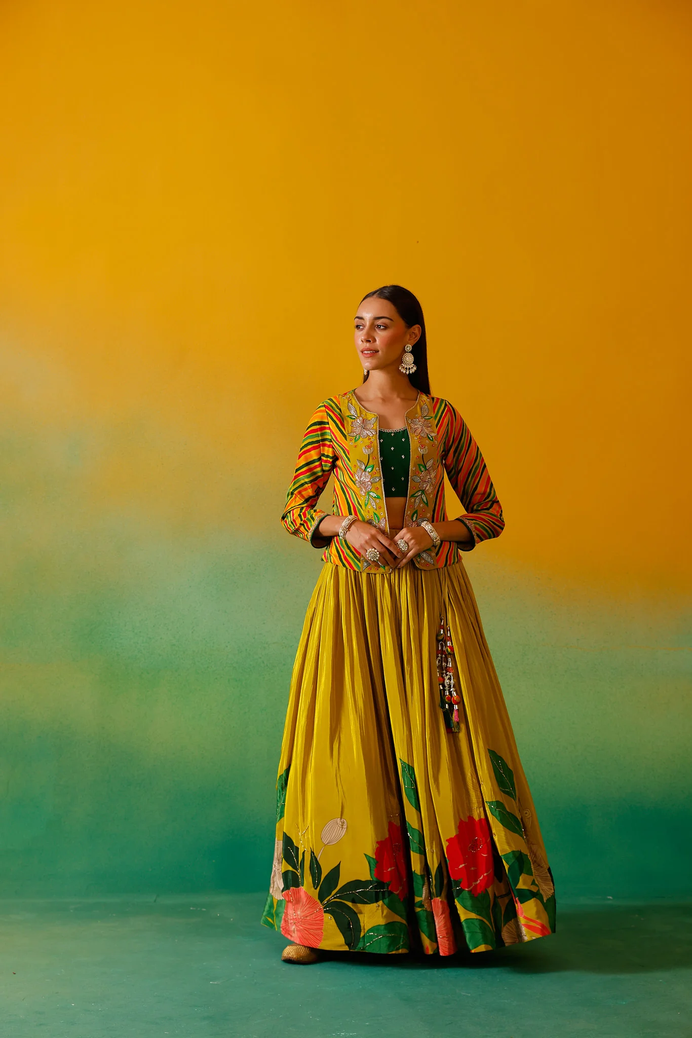 Neerus Green Embroidery Work Crepe Fabric Ghagra Set. - Image 10
