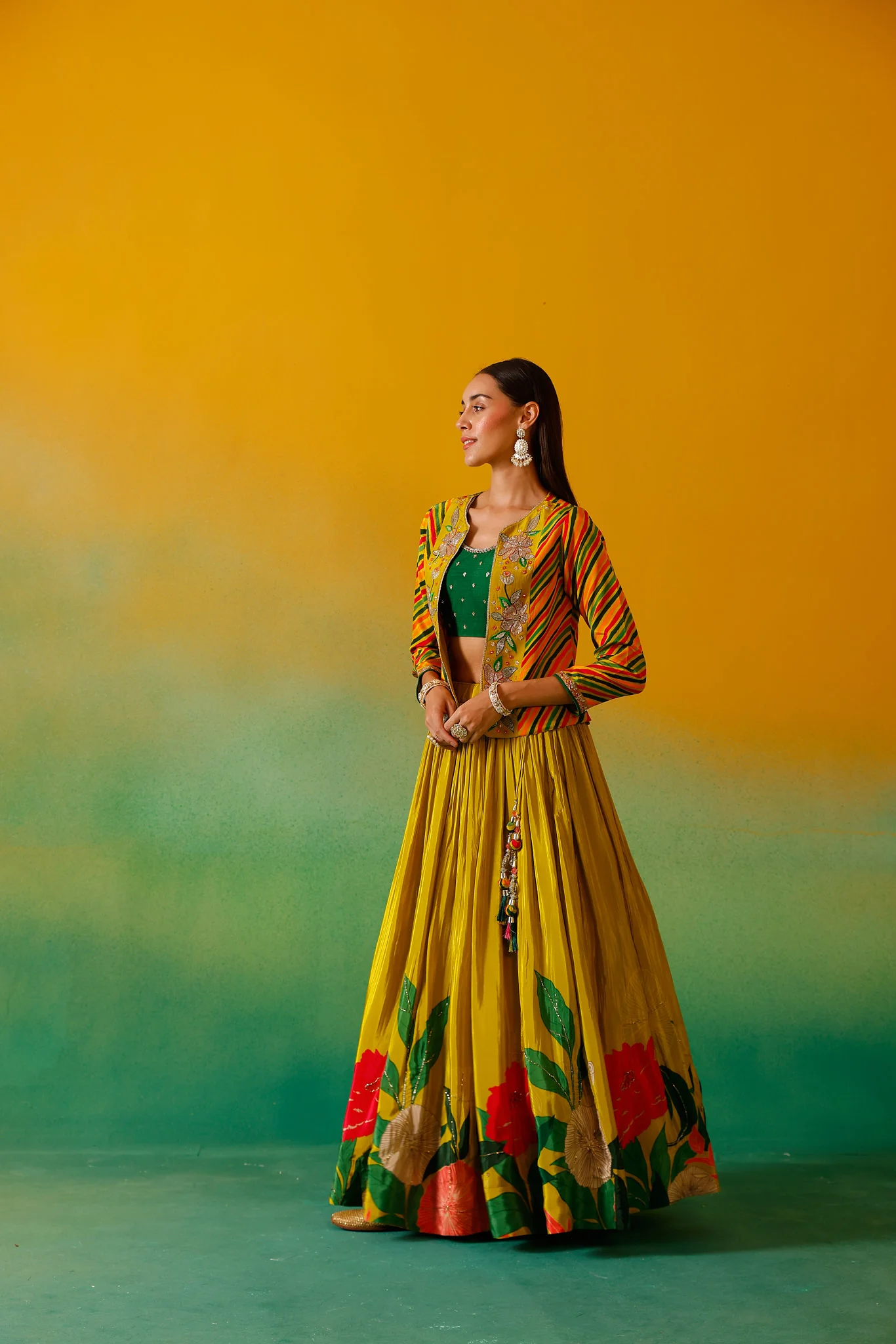 Neerus Green Embroidery Work Crepe Fabric Ghagra Set. - Image 3