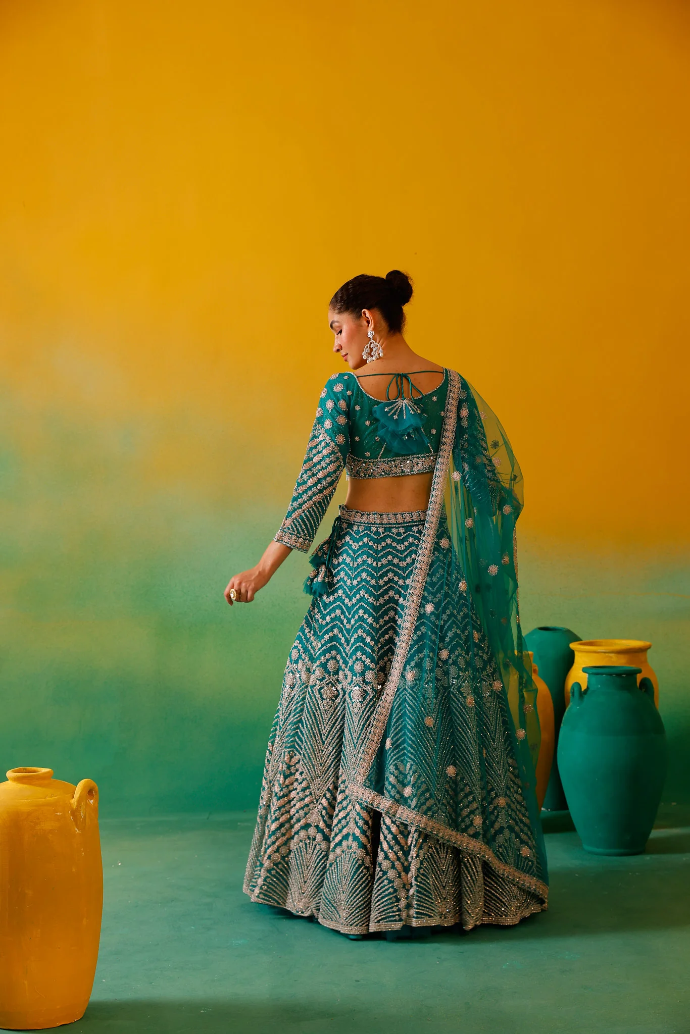 Neerus Green Embroidery work Nett Fabric Ghagra Set. - Image 10