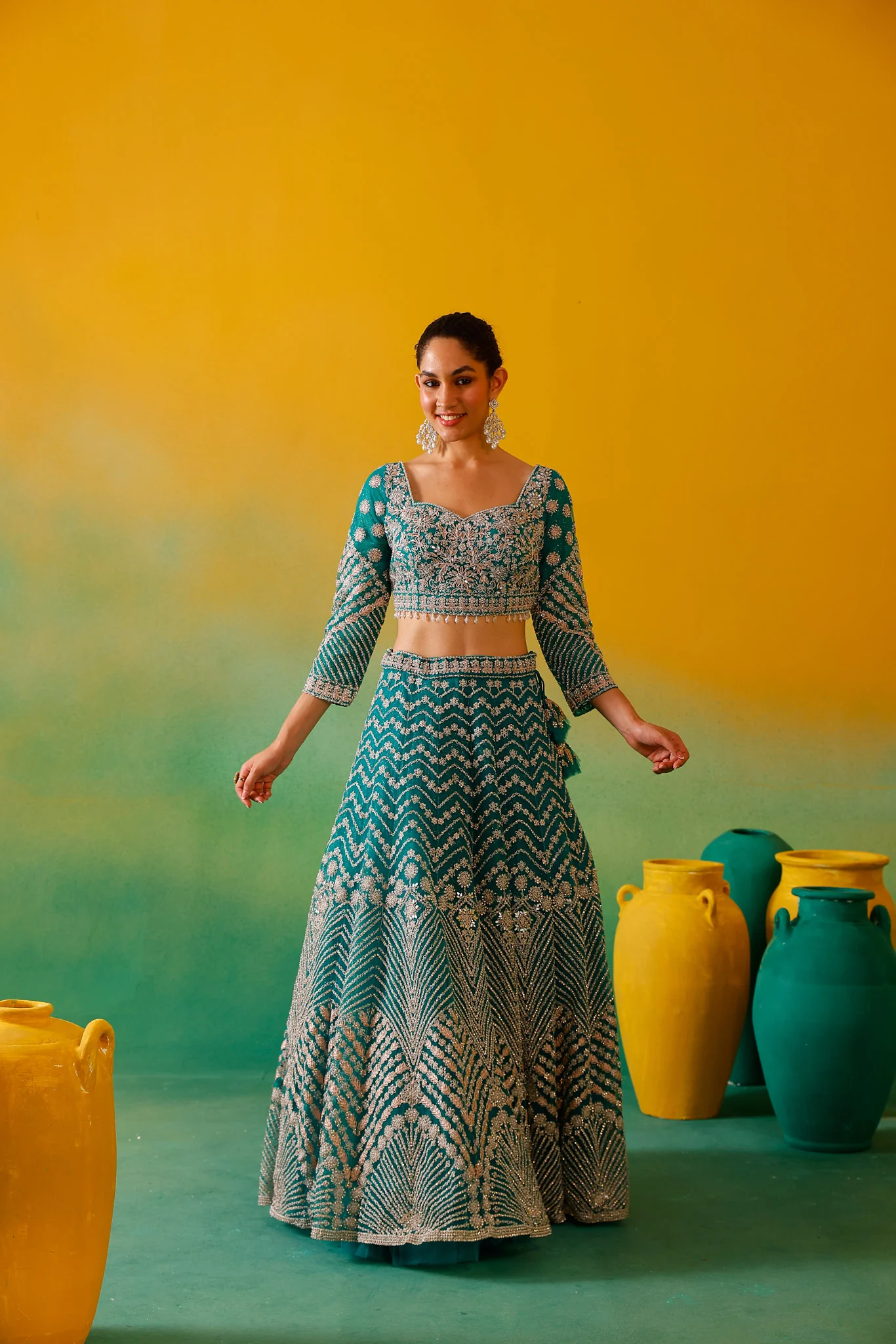 Neerus Green Embroidery work Nett Fabric Ghagra Set. - Image 11