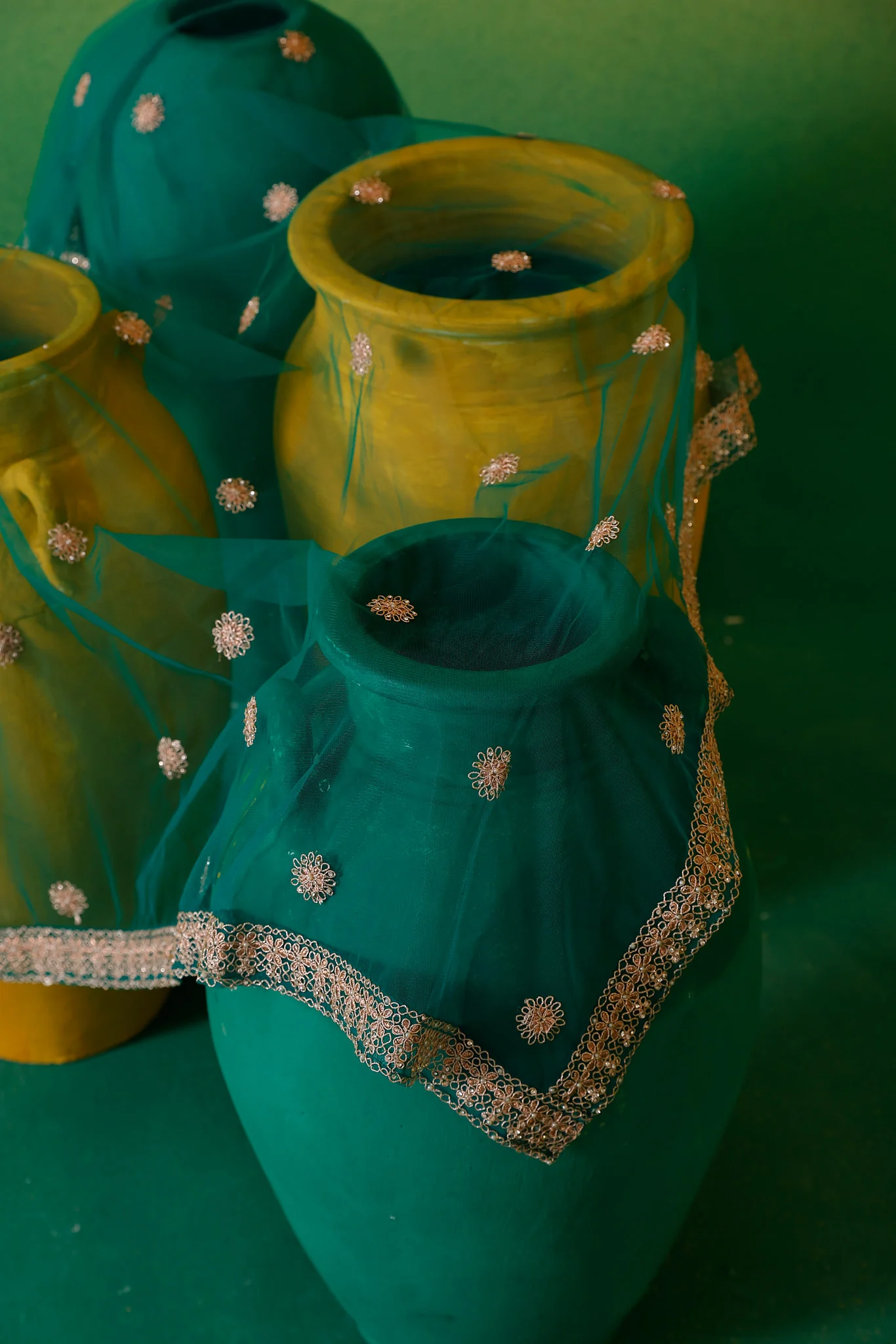 Neerus Green Embroidery work Nett Fabric Ghagra Set. - Image 12