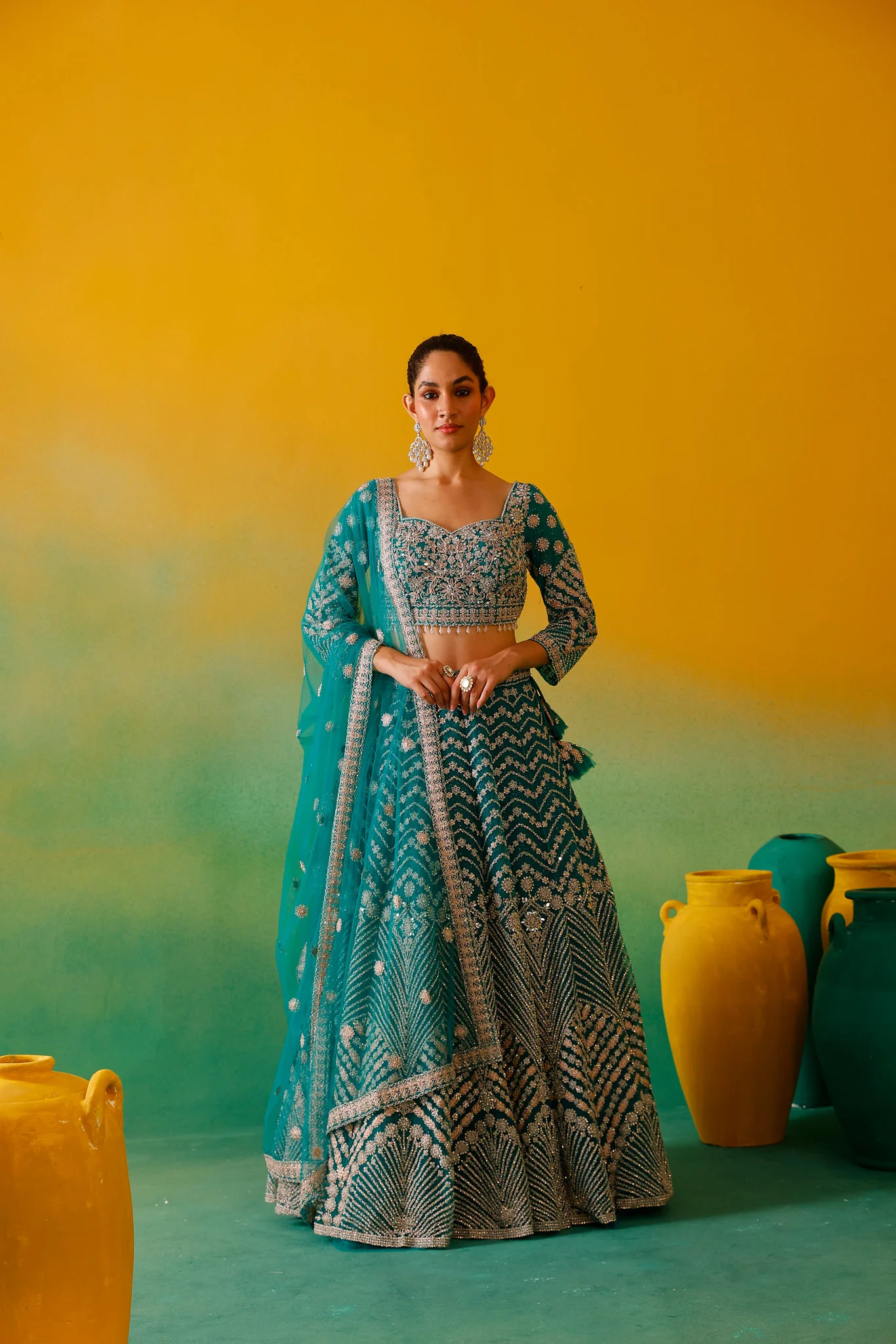 Neerus Green Embroidery work Nett Fabric Ghagra Set. - Image 3