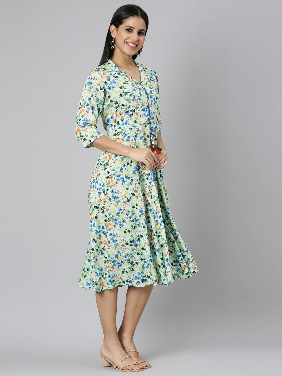 Neerus Green Flared Casual Floral Fit and Flare Dresses - Image 2