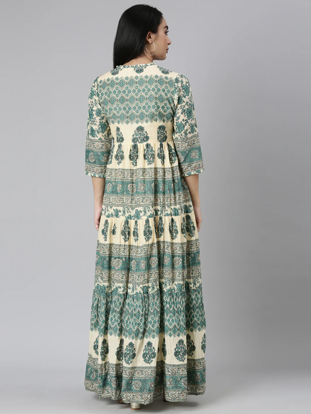 Neerus Green Flared Casual Floral Maxi Dresses - Image 3
