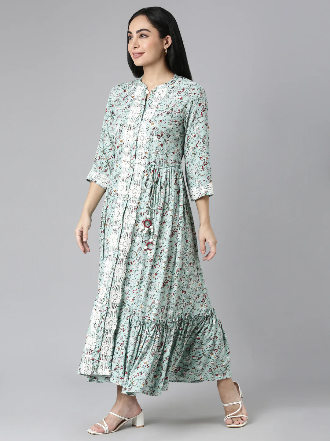 Neerus Green Flared Casual Floral Maxi Dresses - Image 2