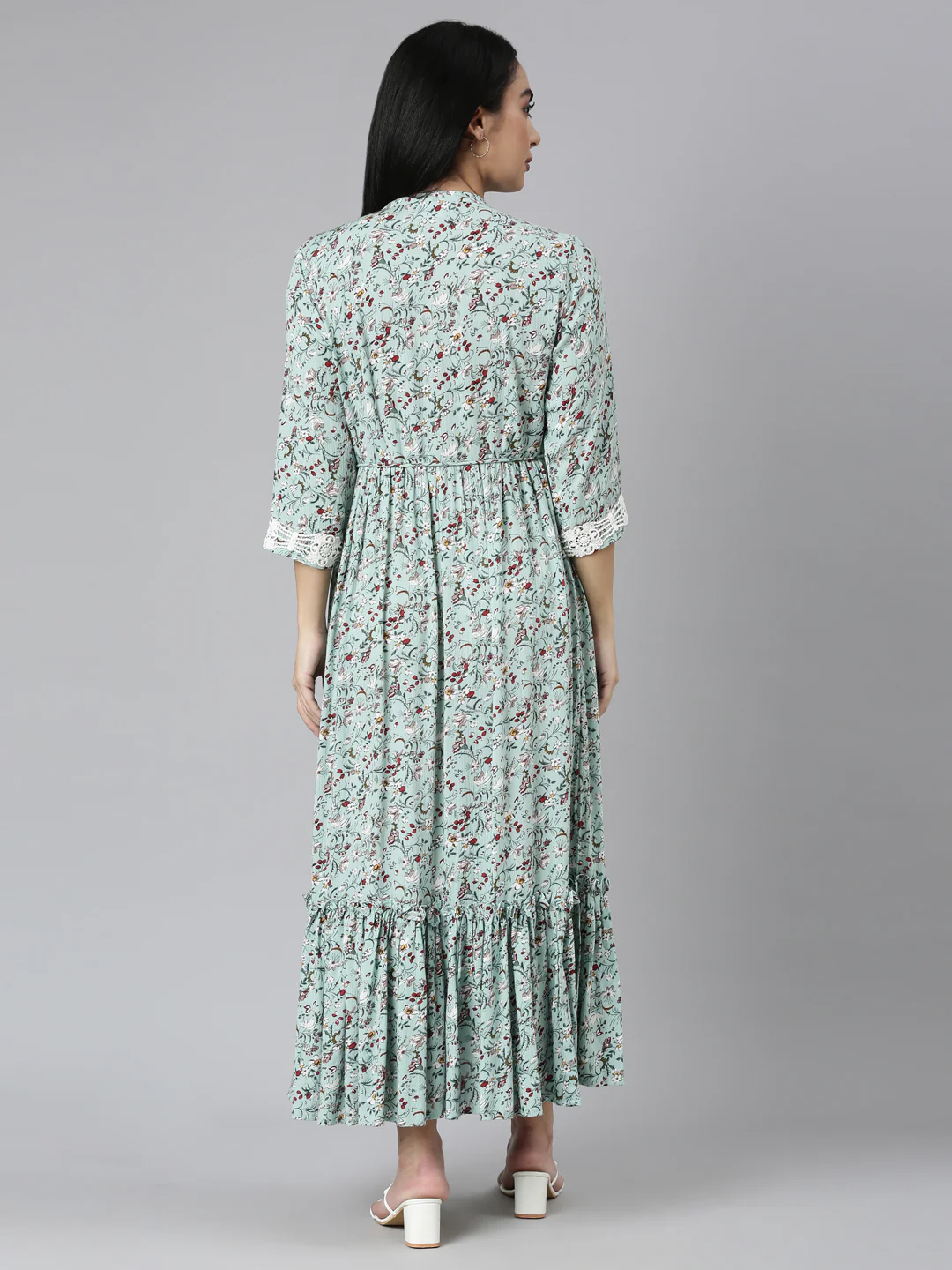 Neerus Green Flared Casual Floral Maxi Dresses - Image 3