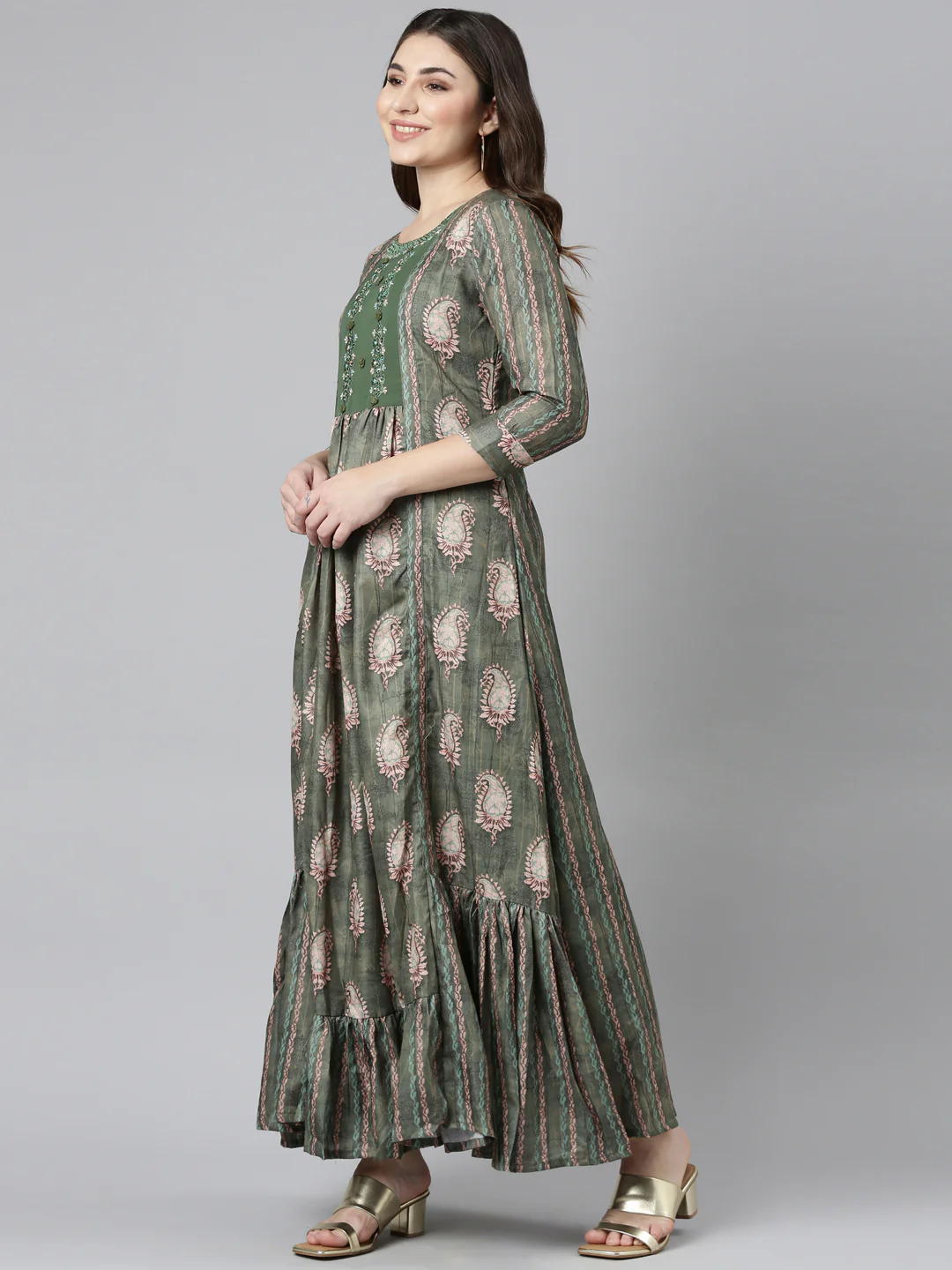 Neerus Green Flared Casual Printed Dress - Image 2