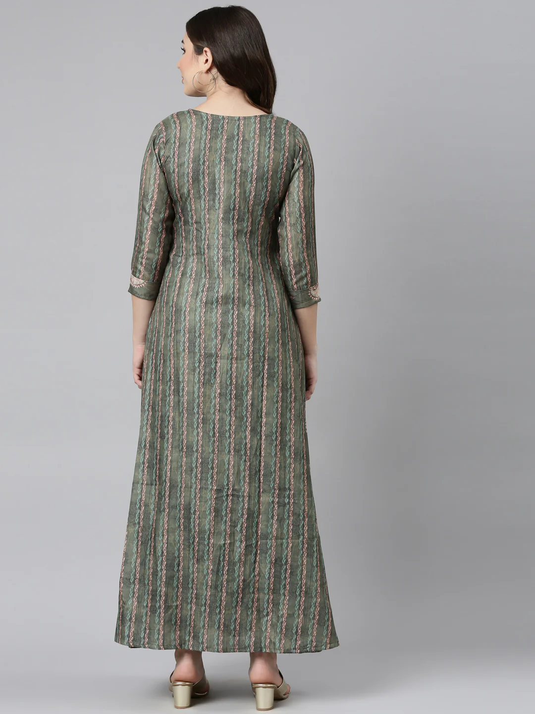 Neerus Green Flared Casual Printed Dress - Image 3
