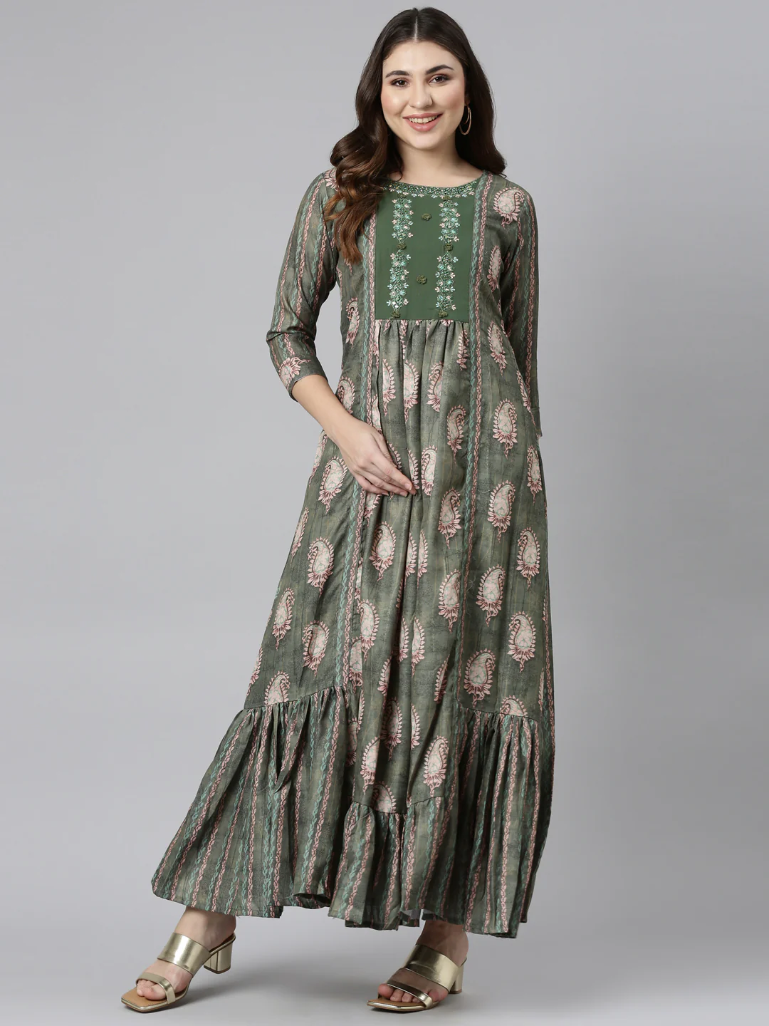 Neerus Green Flared Casual Printed Dress - Image 5