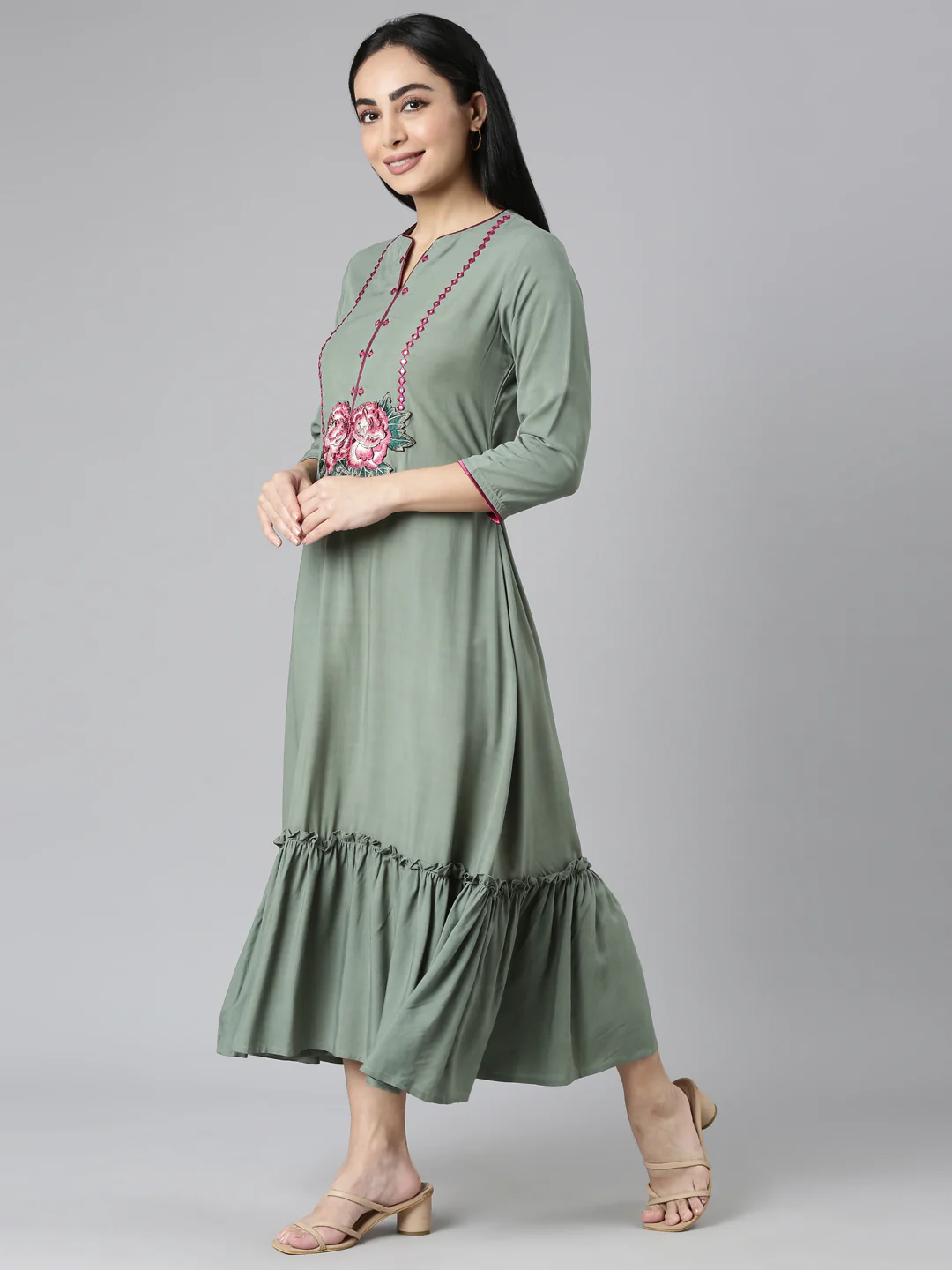 Neerus Green Flared Casual Solid Maxi Dresses - Image 2
