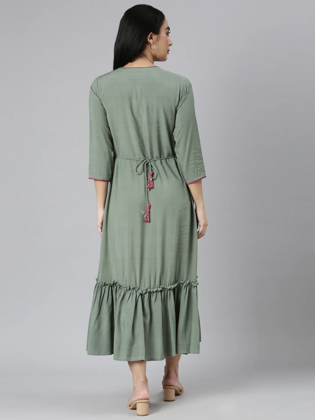 Neerus Green Flared Casual Solid Maxi Dresses - Image 3