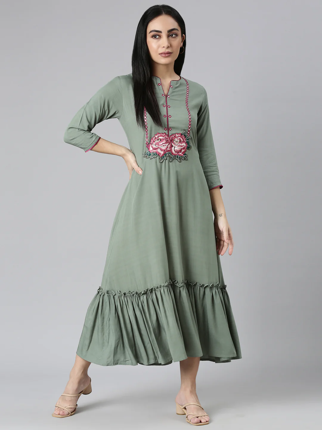 Neerus Green Flared Casual Solid Maxi Dresses - Image 5