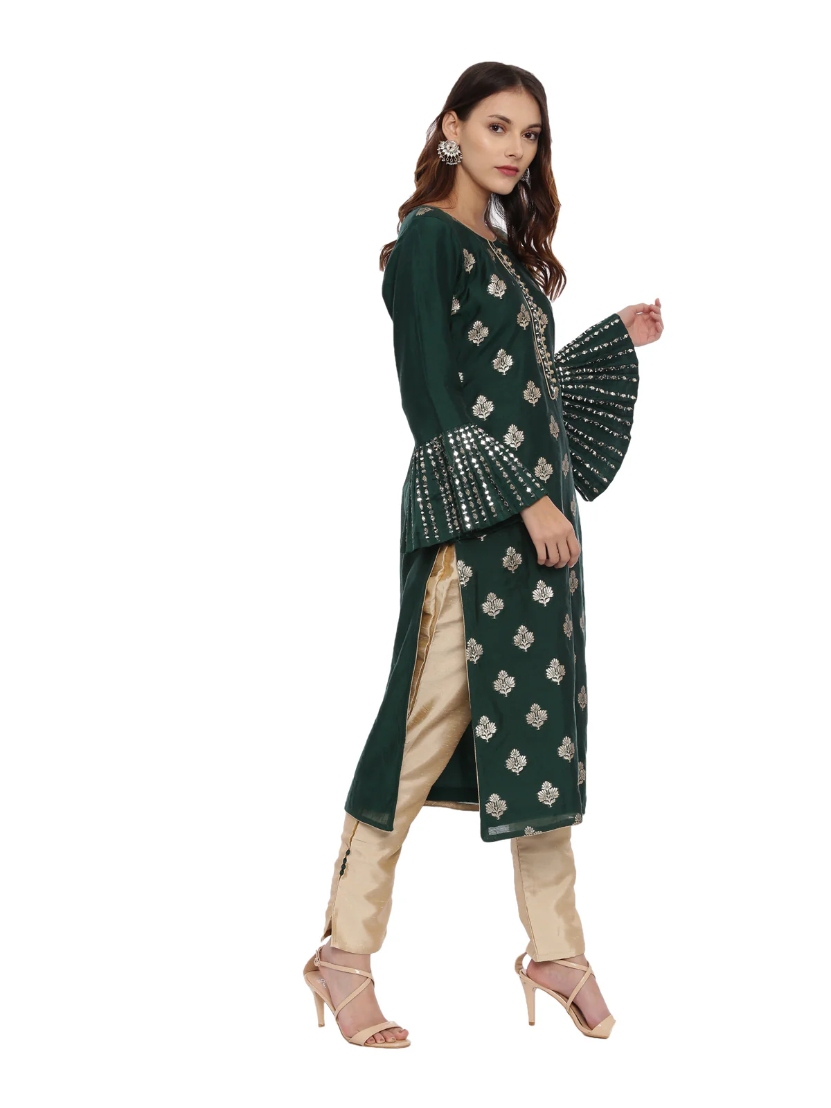 Neerus Green & Gold Textured Kurta With Pant & Dupatta - Image 3