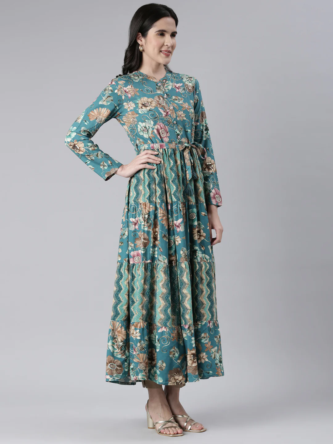 Neerus Green Maxi Casual Printed Dresses - Image 2