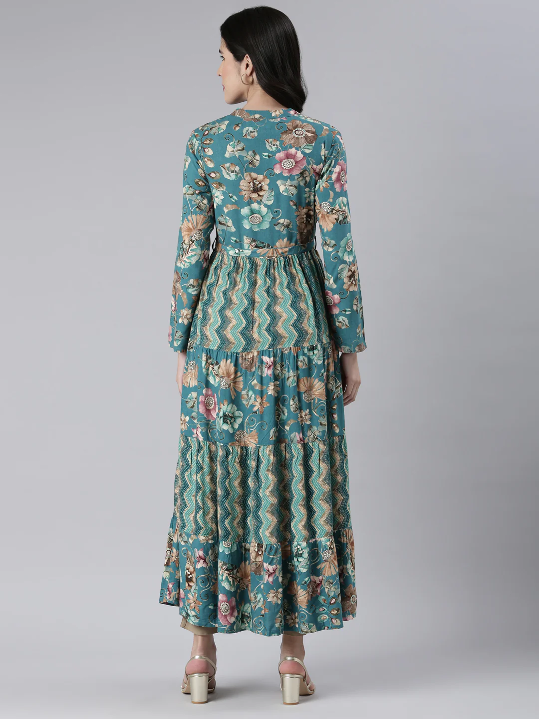 Neerus Green Maxi Casual Printed Dresses - Image 3