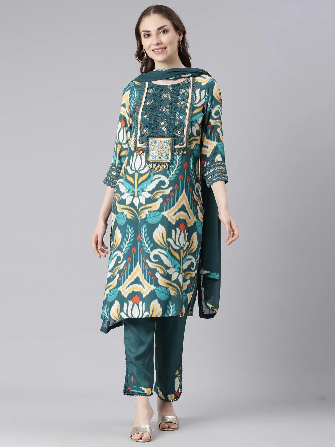 Neerus Green Mulmul Straight Casual Solid Kurta and Trouser with Dupatta