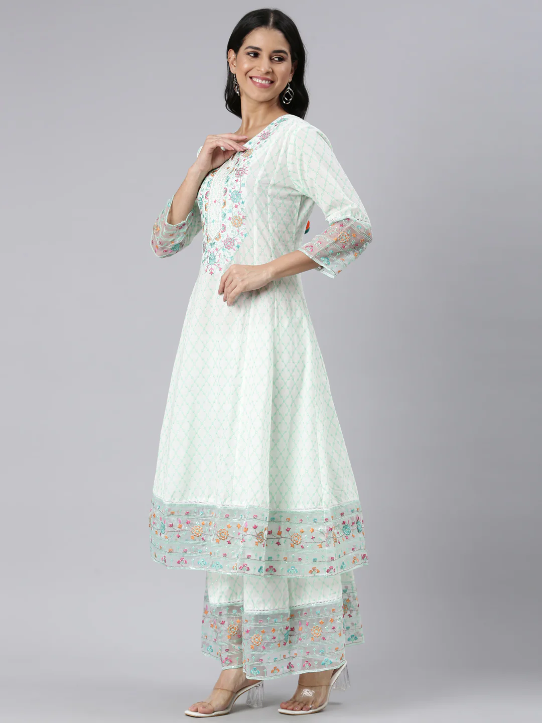 Neerus Green Panelled Curved Printed Kurta and Palazzos With Dupatta - Image 2