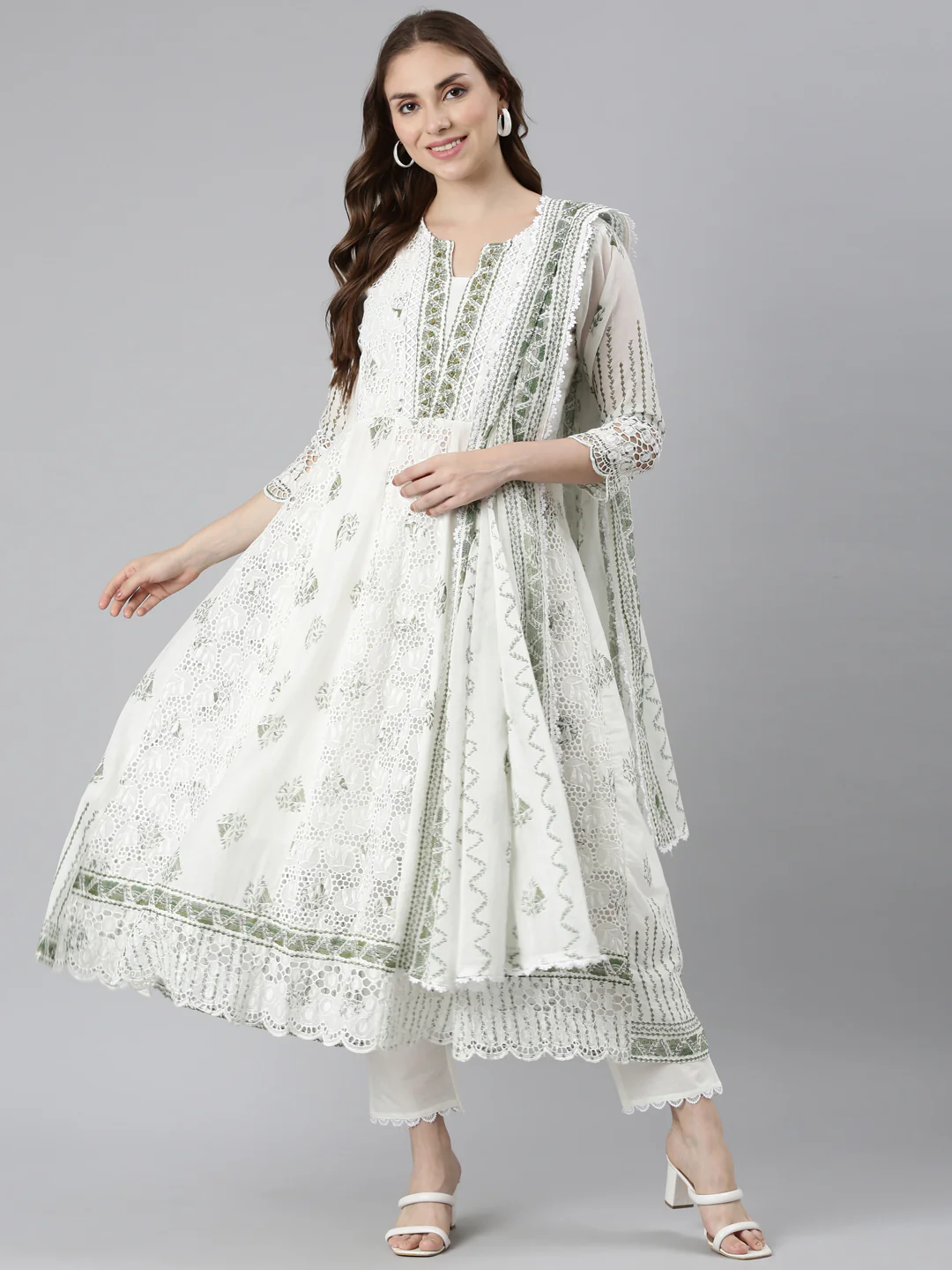 Neerus Green Panelled Curved Printed Kurta and Trousers With Dupatta - Image 5