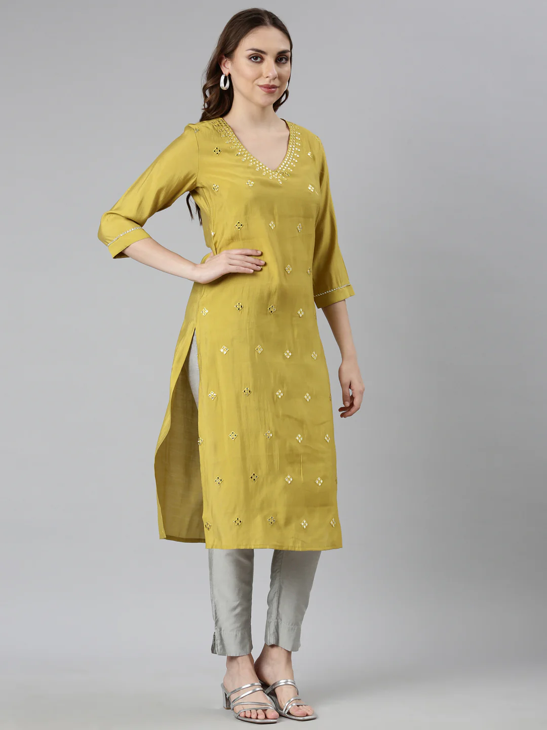 Neerus Green Panelled Straight Embellished Kurta - Image 2