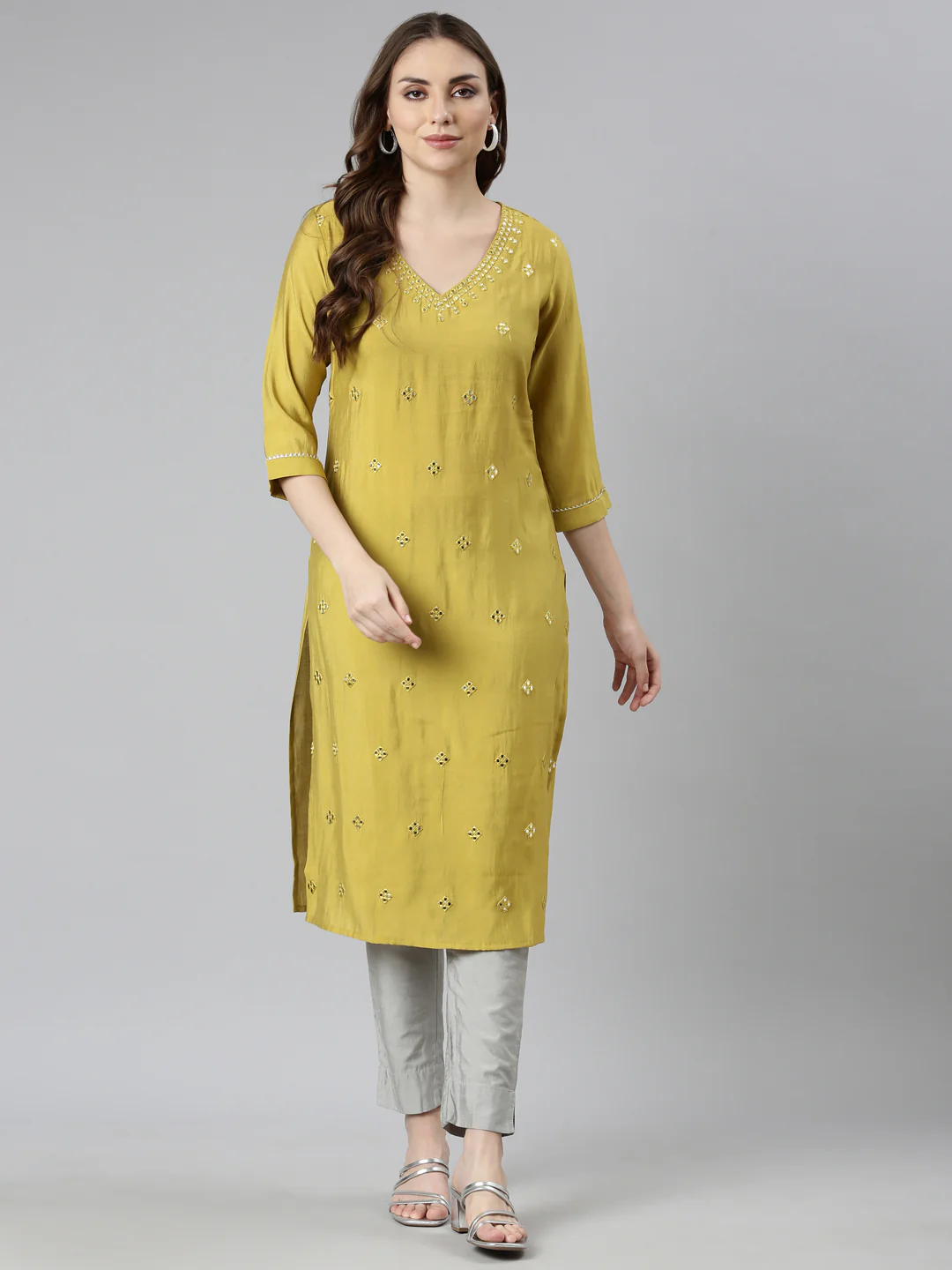 Neerus Green Panelled Straight Embellished Kurta - Image 4