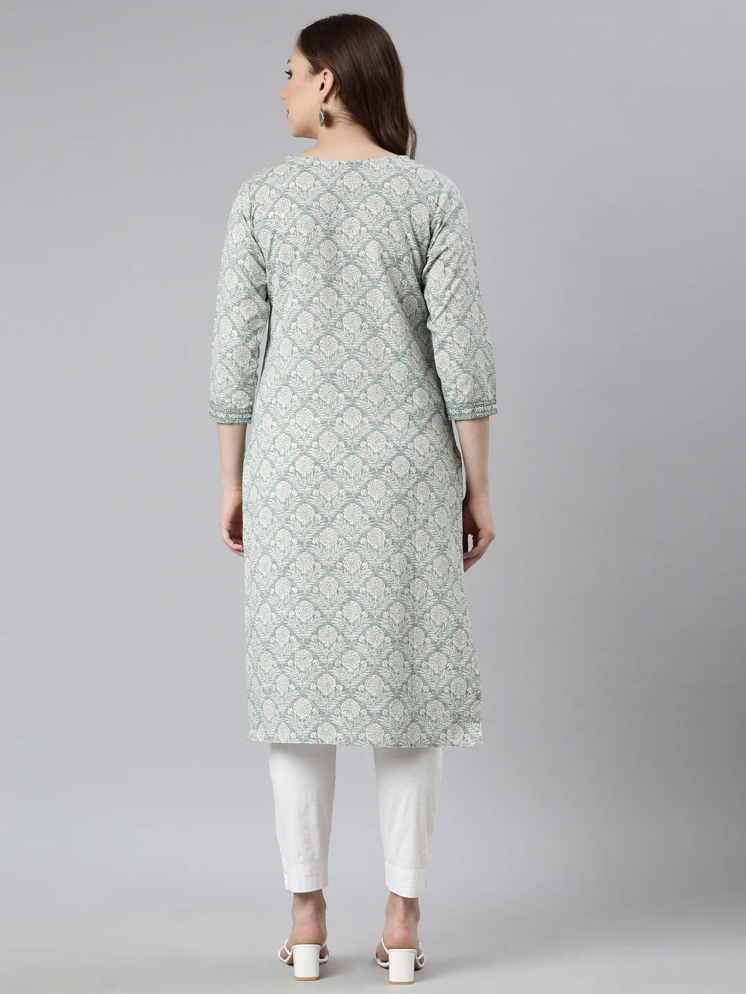 Neerus Green Panelled Straight Floral Kurta - Image 3