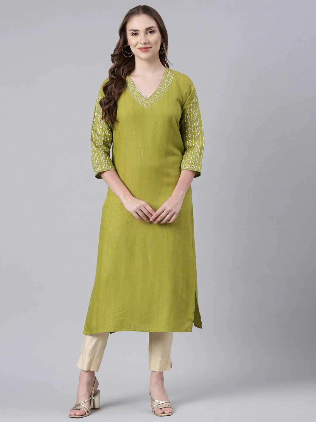 Neerus Green Panelled Straight Floral Kurta - Image 6