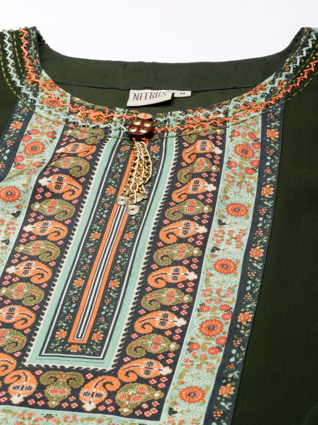 Neerus Green Panelled Straight Kurta and Trousers With Dupatta - Image 4