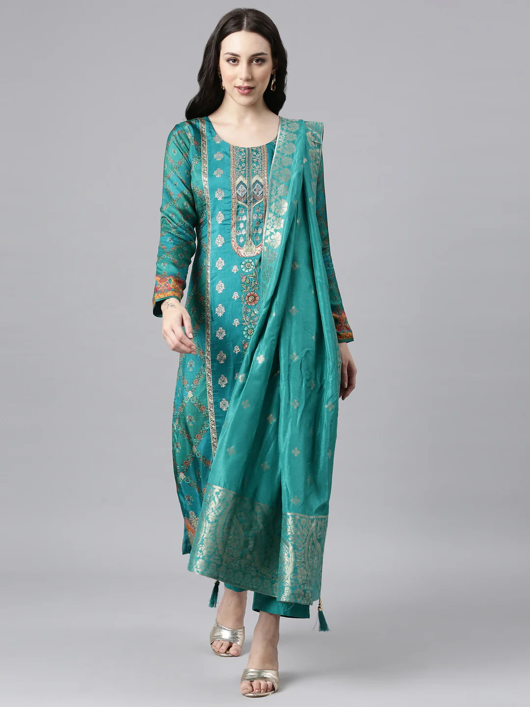 Neerus Green Panelled Straight Kurta and Trousers With Dupatta