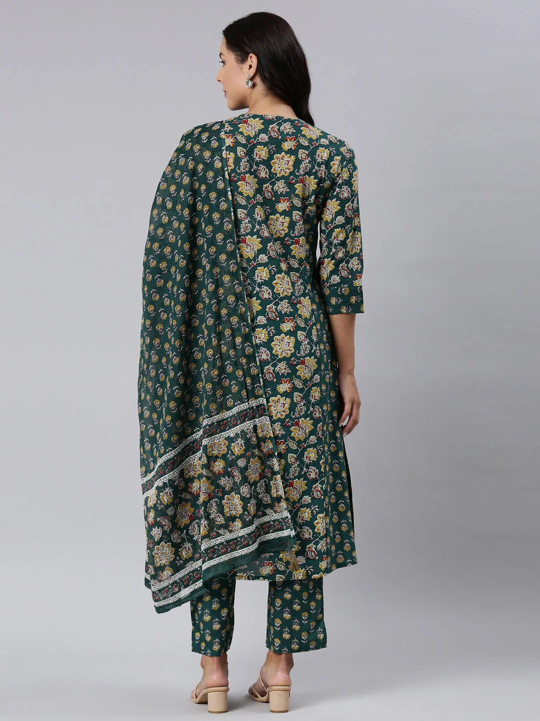 Neerus Green Panelled Straight Printed Kurta And Trousers With Dupatta - Image 4