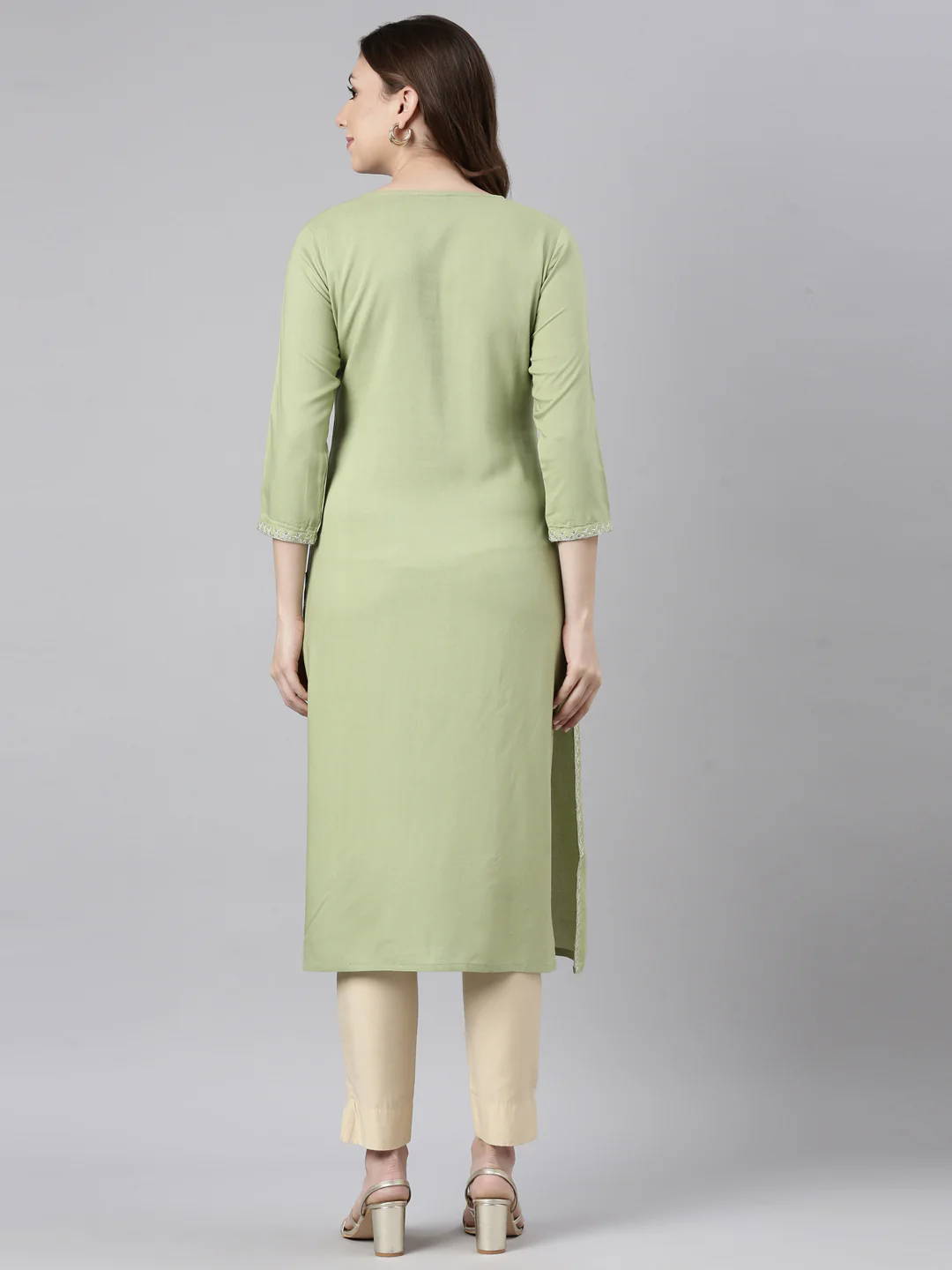 Neerus Green Panelled Straight Solid Kurta - Image 3
