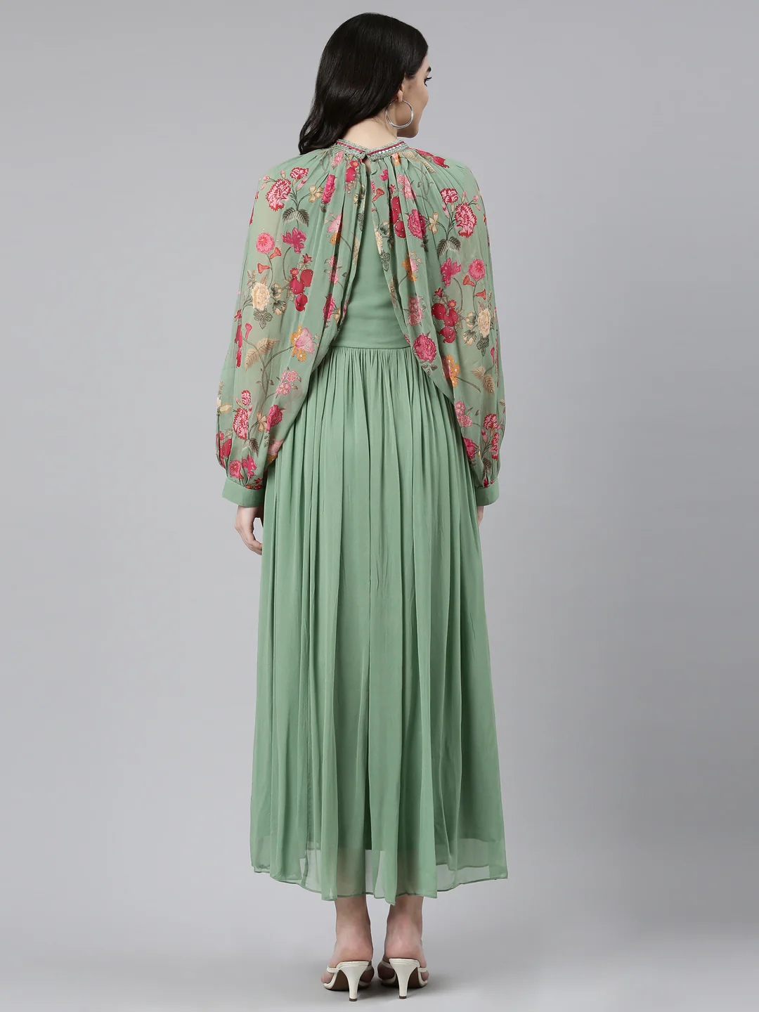 Neerus Green Pleated Anarkali Embellished Kurta - Image 3