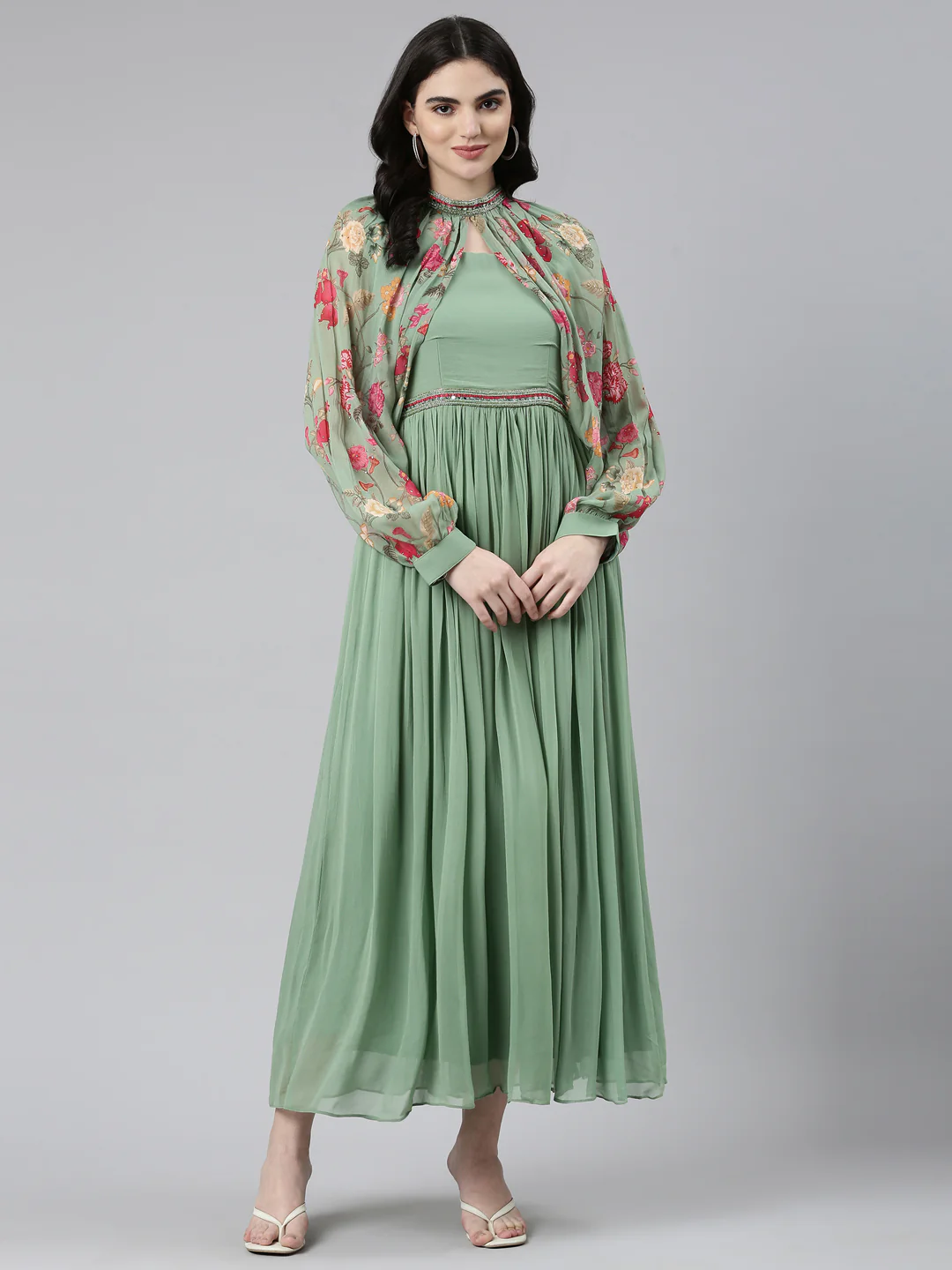 Neerus Green Pleated Anarkali Embellished Kurta - Image 5
