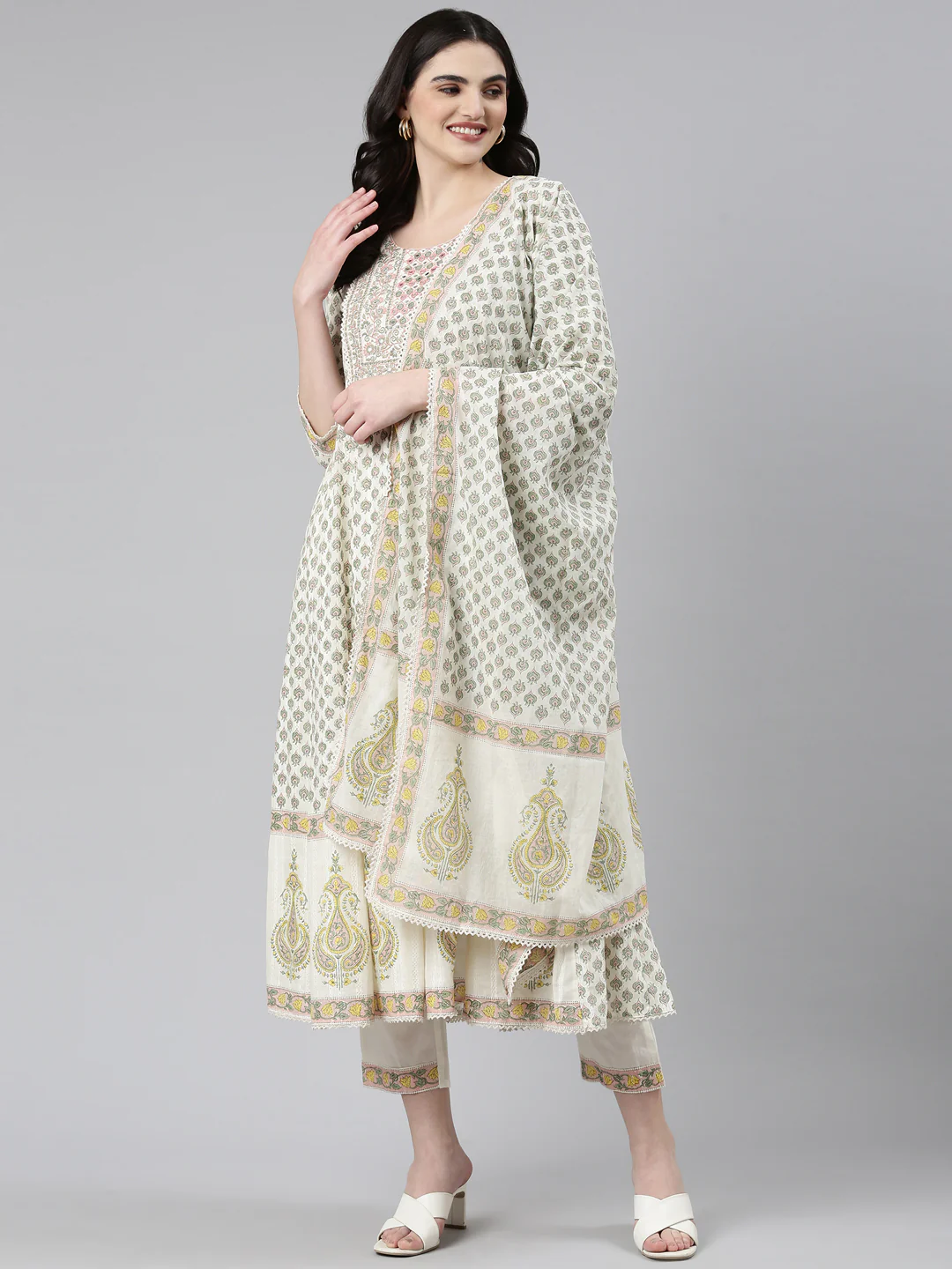 Neerus Green Pleated Anarkali Printed Readymade suits - Image 5