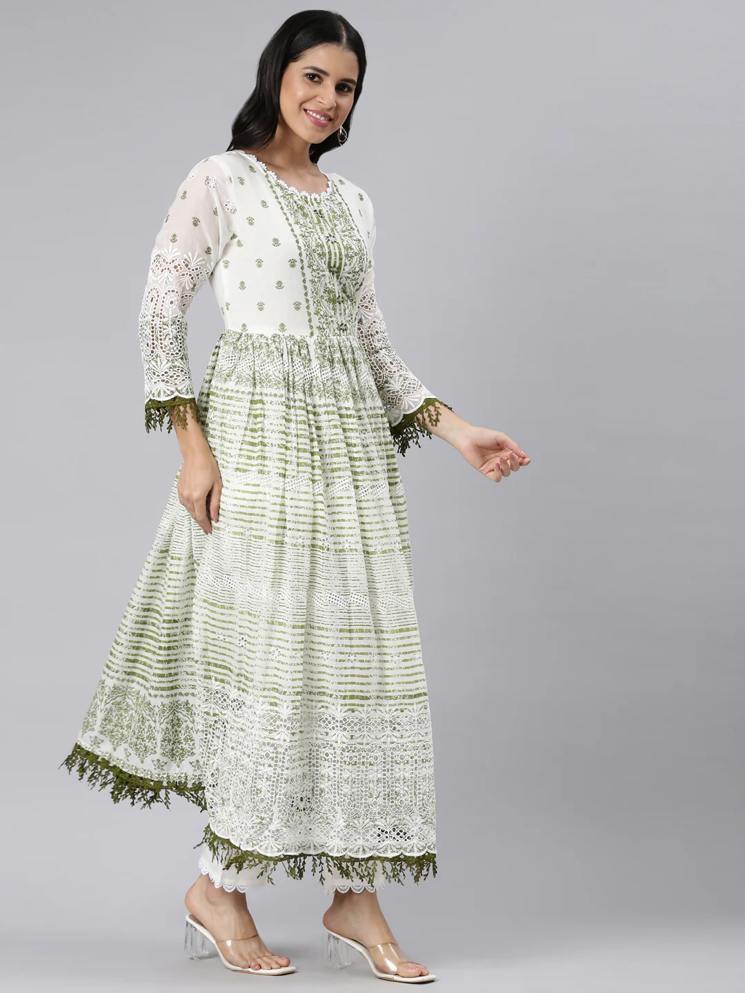 Neerus Green Pleated Curved Printed Kurta and Trousers With Dupatta - Image 2