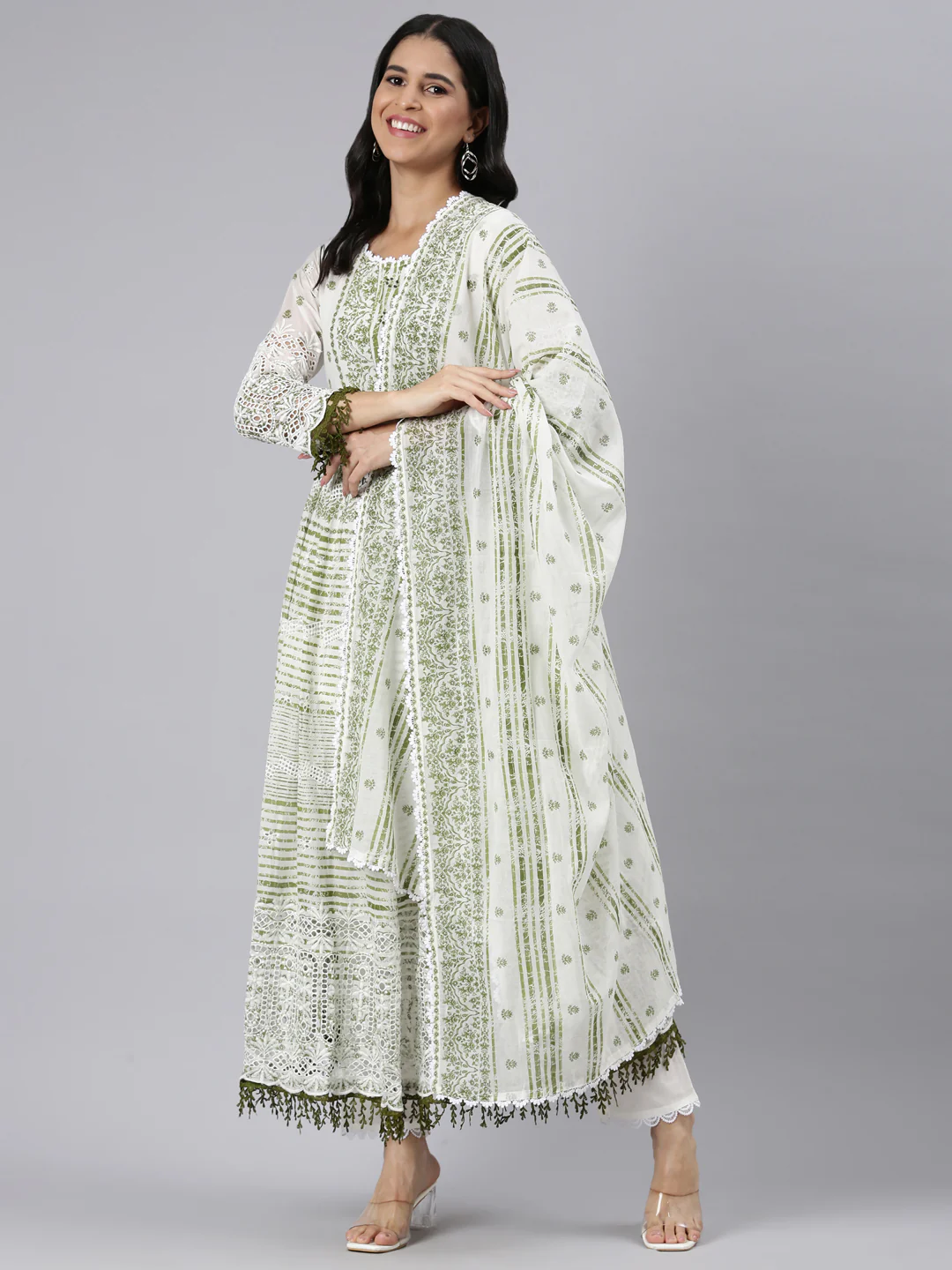 Neerus Green Pleated Curved Printed Kurta and Trousers With Dupatta - Image 5