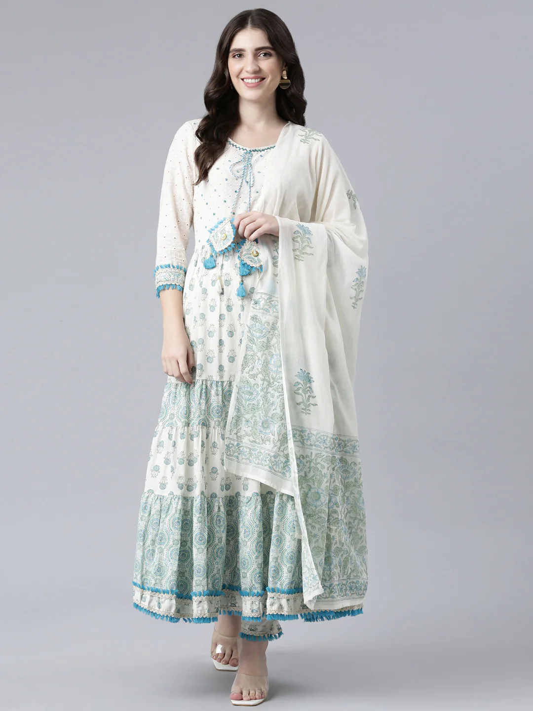 Neerus Green Pleated Flared Printed Readymade suits - Image 5