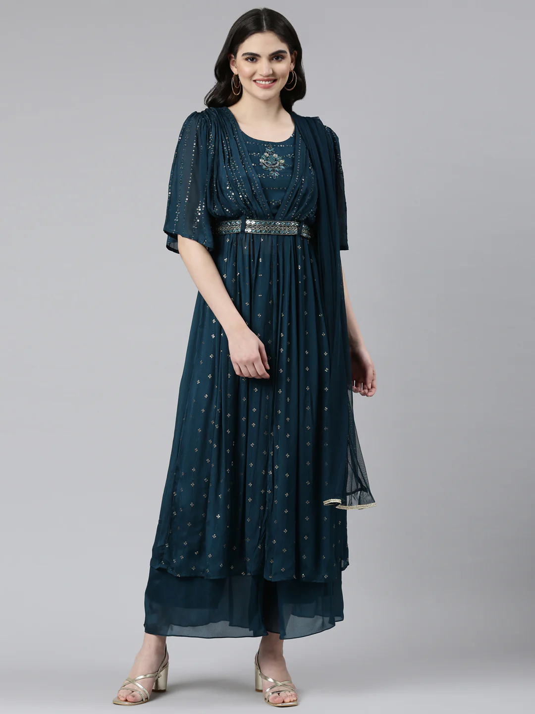 Neerus Green Pleated Straight Embroidered Kurta And Palazzos With Dupatta